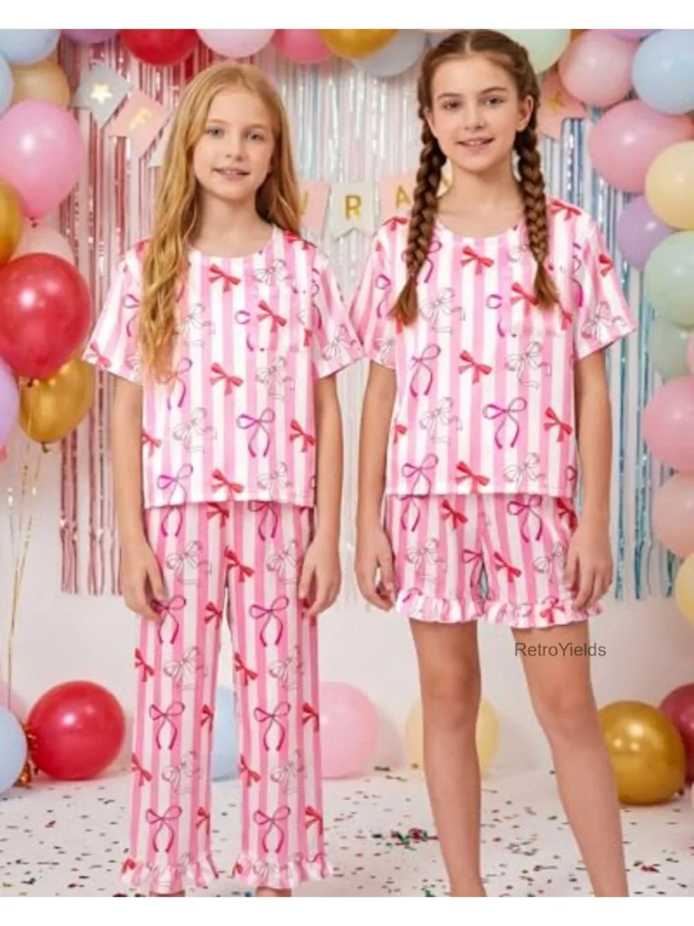 Girls 3 Piece Pajama Set Satin Ruffle Sleepwear Short Sleeve Kids Nightwear